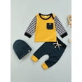 thumbnail image 2 of Seyurigaoka Baby Boys Color Block Stripe Print Pocket Sweatshirt + Bow Trousers + Cap, 2 of 8