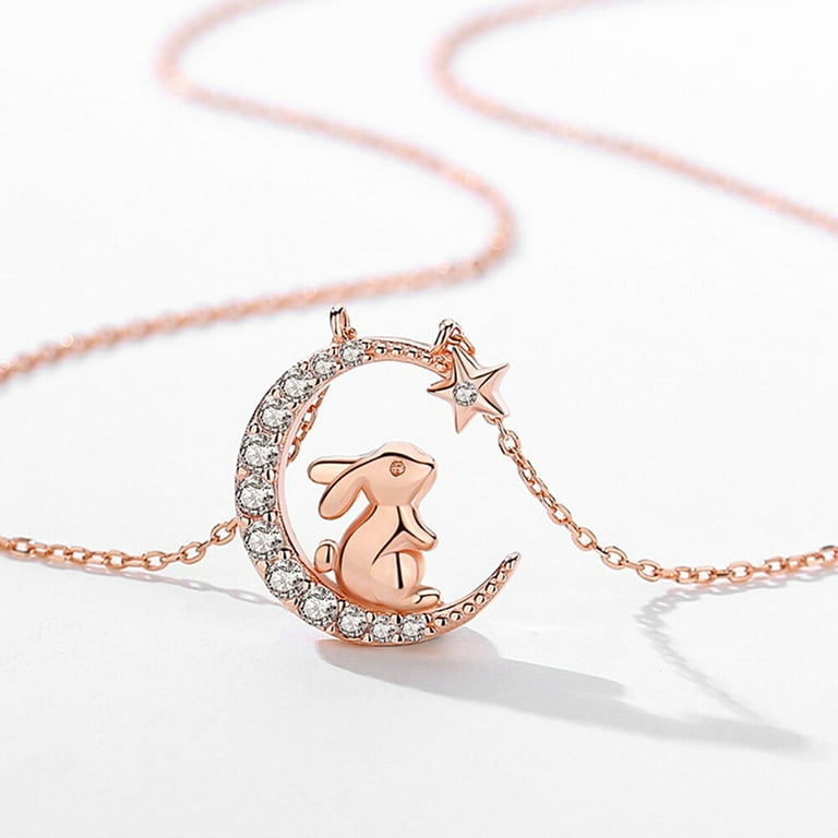 Necklace Bunny Rabbit Pendant Sparkling Animal Chain Moon Necklace Bunny Rabbit Pendant Sparkling Animal Chain Moon