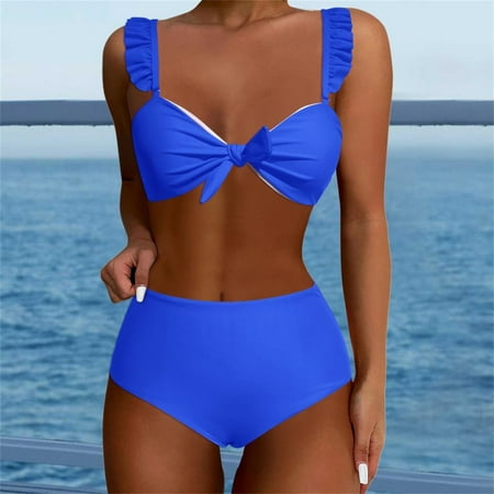 Ovticza Womens High Waisted Bikini Sets Ruffle Cheeky Tummy Control Full Coverage Push Up Solid Two Piece Swimsuits Blue M
