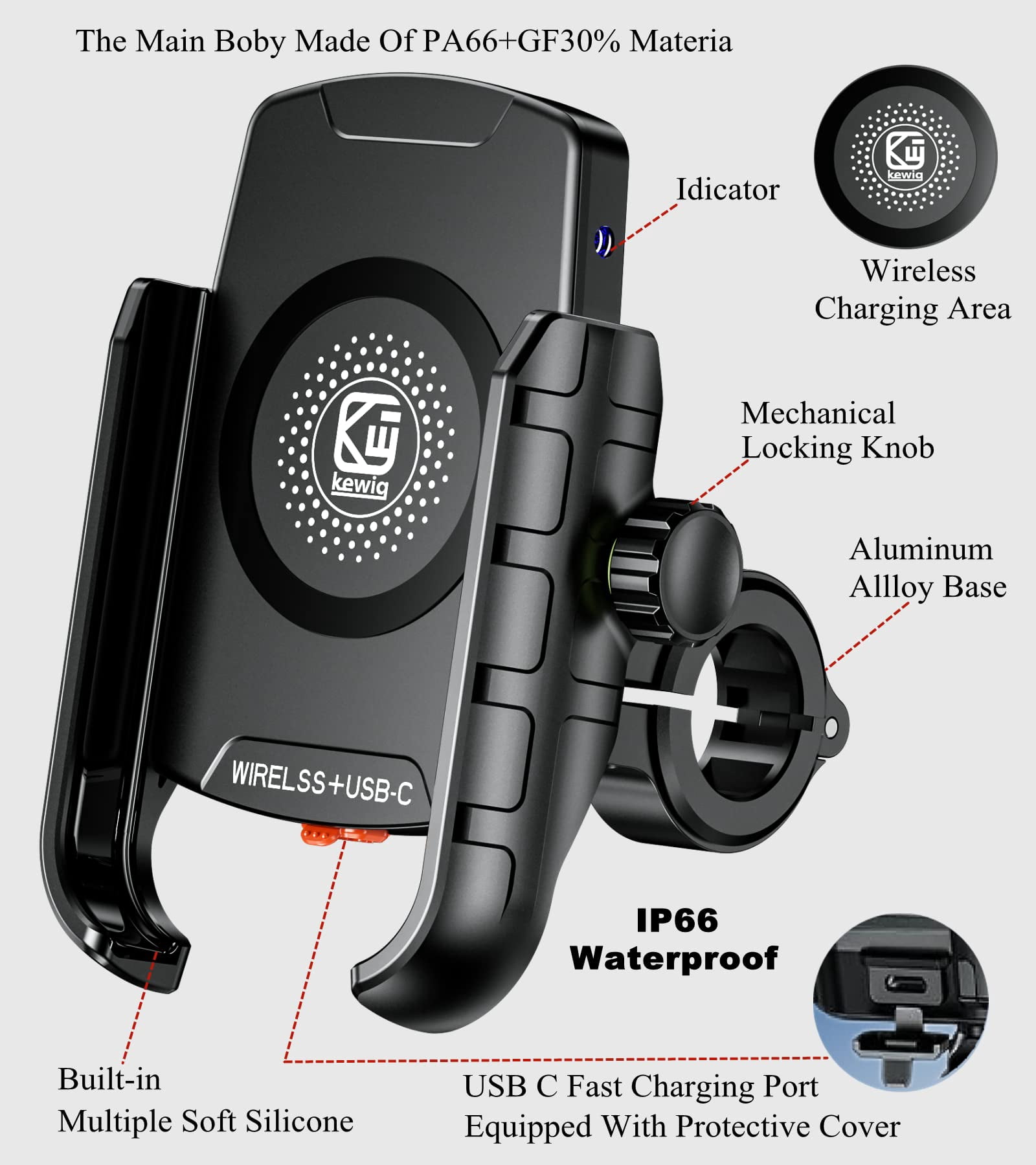 FU1999 Motorcycle Phone Mount with Qi 15W Wireless Charger & USB C 20W Fast Charging Port, Waterproof Motorcycle Cellphone Holder Cradle with Aluminum Alloy Handlebar Mounting Base for 4"-8" Phones
