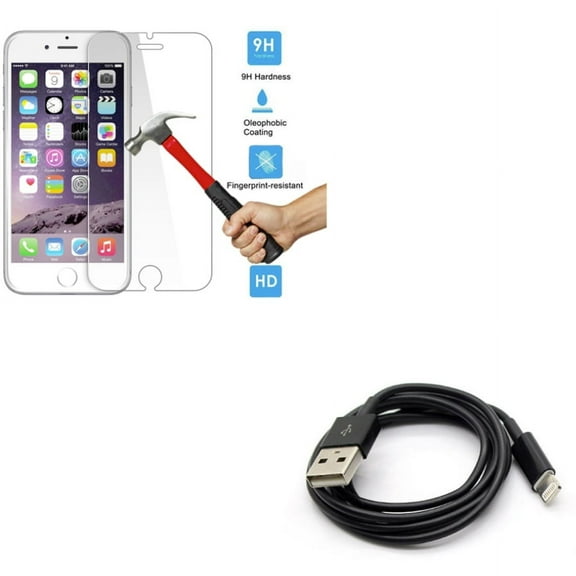 Screen Protector w USB Cable for iPhone 8 7 6S 6 - Tempered Glass HD Clear 2.5D Round Edges Display Cover Guard, Charger Cord Power Wire Sync Fast Charge Data