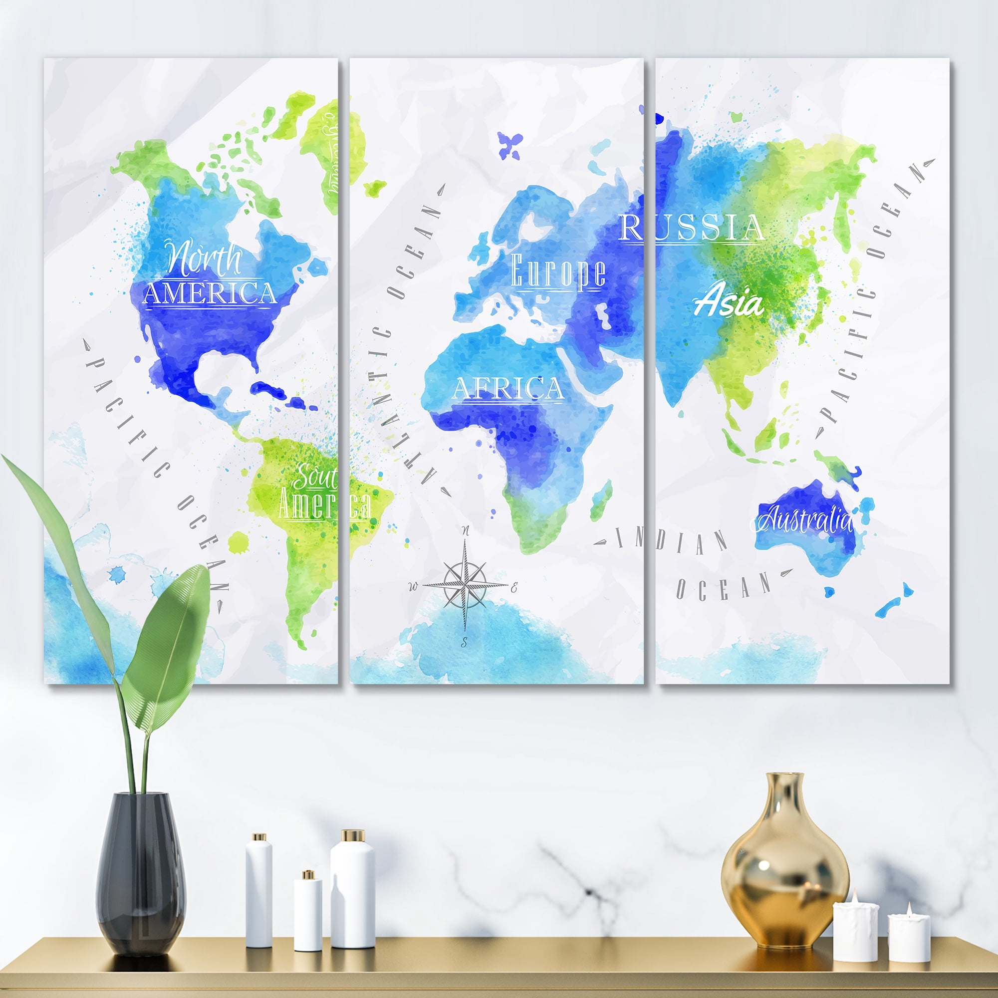 Designart ' World Map In Blue and Green ' Modern Canvas Wall Art Print
