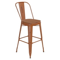 Flash Furniture Carly Commercial Grade 30" High Orange Metal Indoor-Outdoor Barstool with Back with Teak Poly Resin Wood Seat