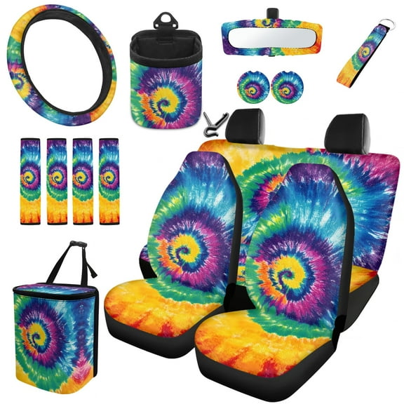 Yuyamidu Rainbow Tie Dye Car Seat Cover 15 Pack Front Back Seat Cover with Universal Steering Wheel Cover Seatbelt Strap Pad Trash Can Car Vent Organizer Cup Holders Rearview Mirror Cover Keychain