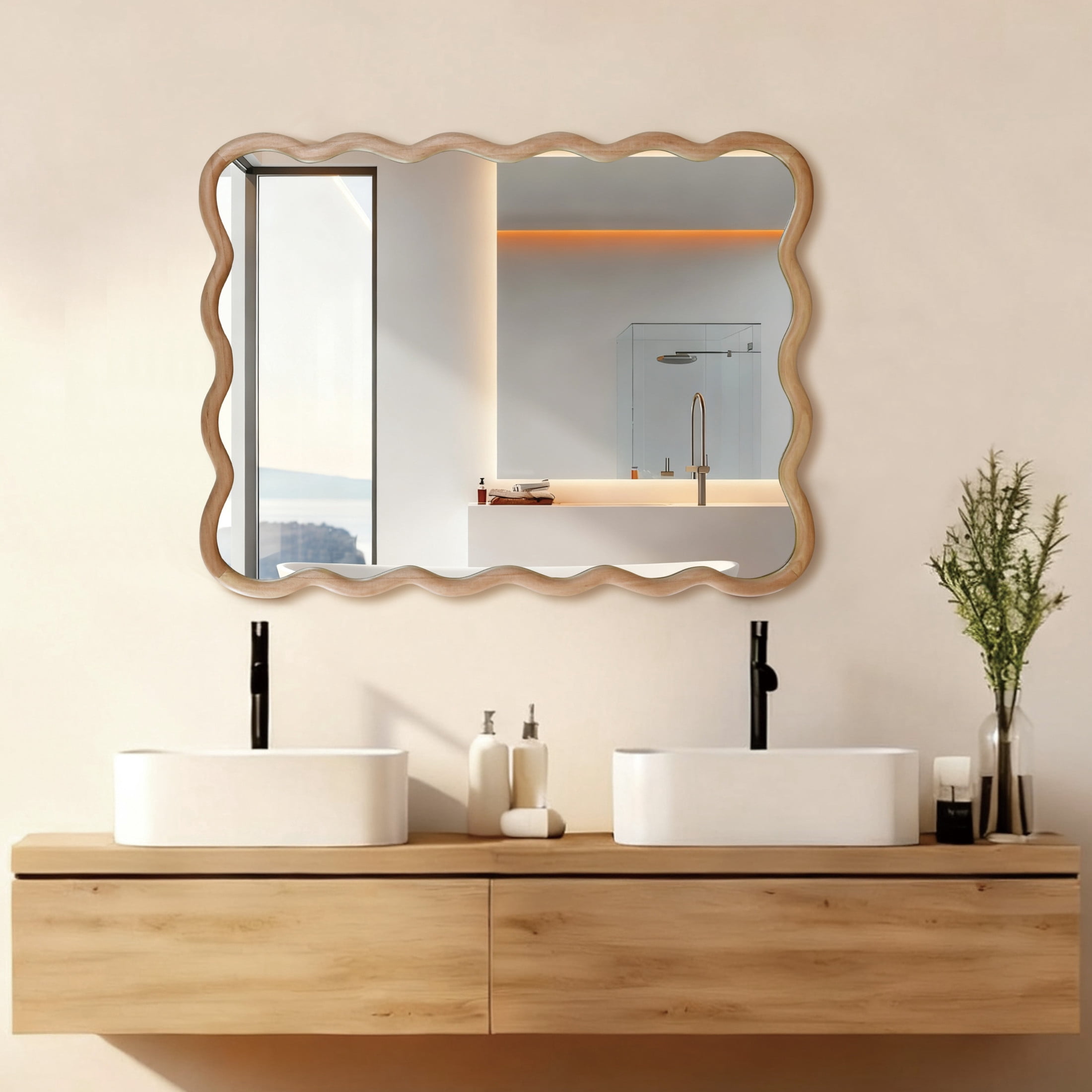 Noble House 30x40 Inch Wavy Rectangle Wall Mirror, Solid Wood Decorative Vanity Mirror, Natural