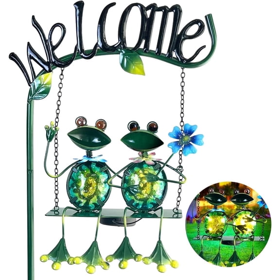 HONGLAND Frog Swing Solar Lights Outdoor, 48 Inch Waterproof Garden Decor with Welcome Sign, Yard Gifts for Women