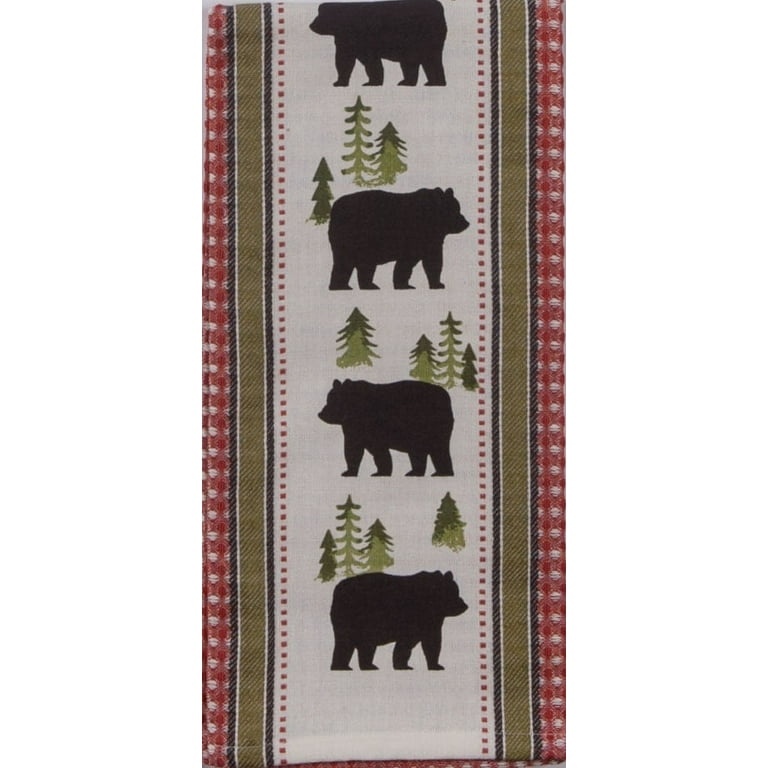 3 Cabin Lodge Themed Decorative Cotton Kitchen Towels Set | 2 Towels with  Bear, Moose, Deer, Pine Trees, Paw Print and 1 Plaid Towel for Dish and  Hand