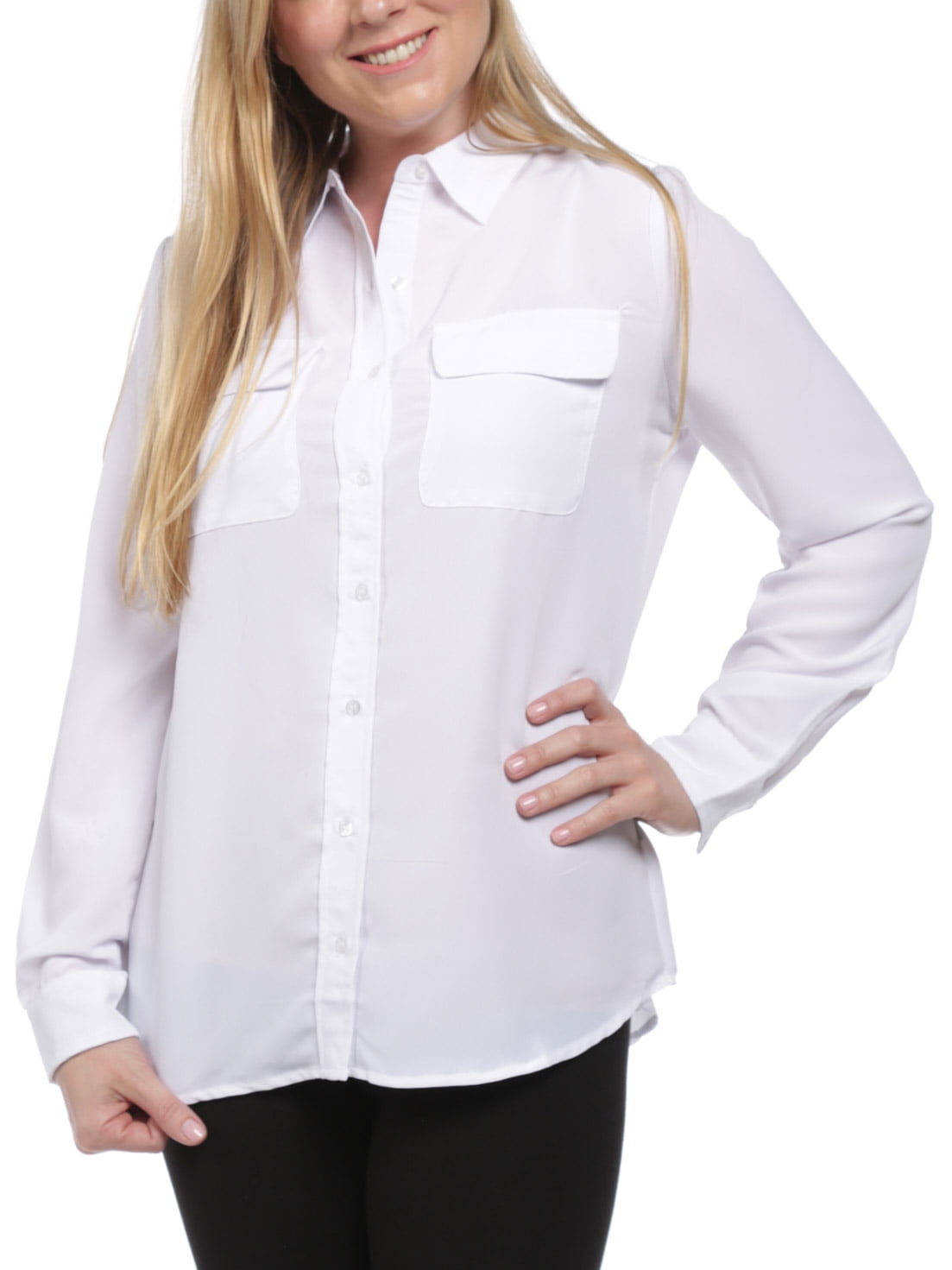 August Silk - August Silk Women's Long Sleeve Button Down Blouse With Pockets, White, Large