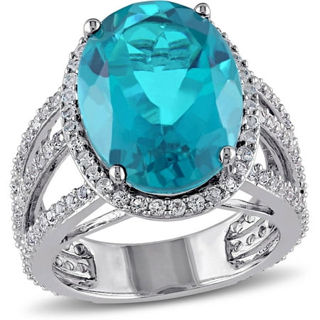 9-3/5 Carat T.G.W. Paraiba, Quartz and White Topaz Sterling Silver Halo Cocktail Ring
