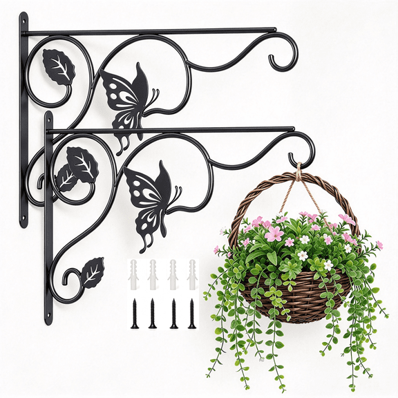 GASIKGOYINE Black Iron Wall Mount Plant Hangers with Heavy Duty Design for Bird Feeders, Planters, Lanterns, Wind Chimes, 2 Count