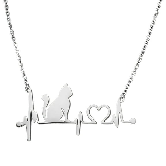Cat Heartbeat Necklace for Women Kitty Pendant and Chain Silver Tone Stainless Steel Ginger Lyne Collection