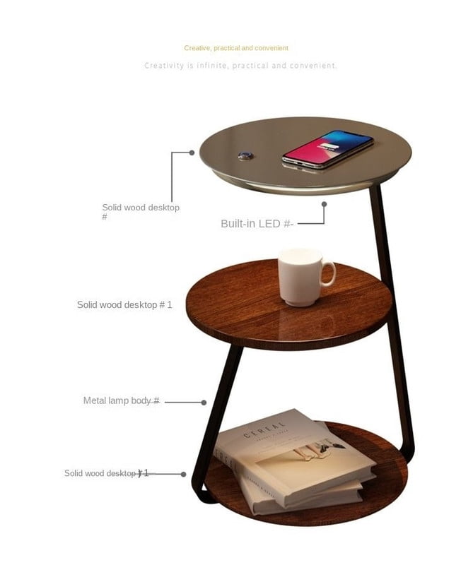 Glownest Bedside Table with LED Light, Wireless Charging, Walnut Wood, Touch Switch, Modern Nightstand for Bedroom