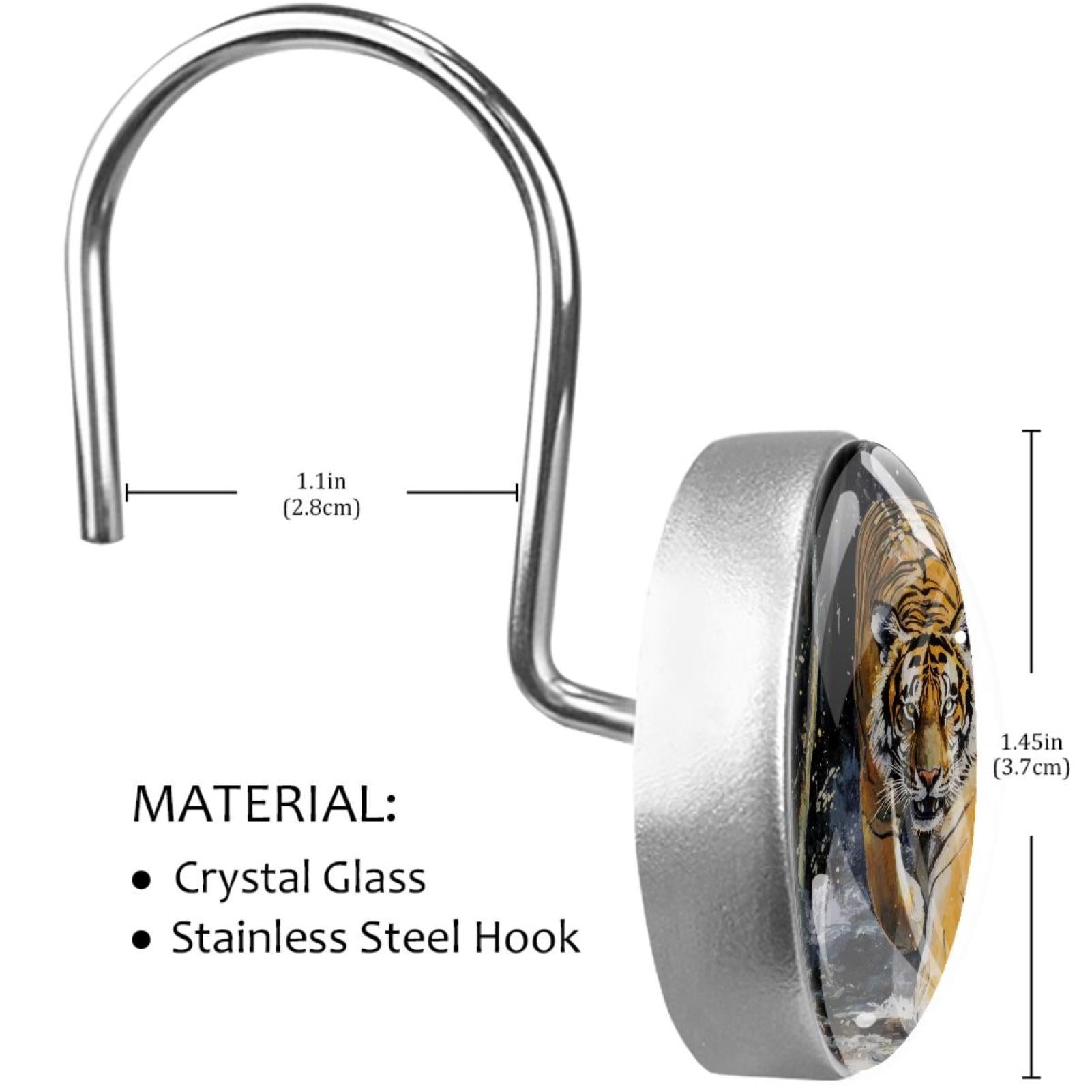 Tigers Walking on Snow Shower Curtain Hooks Round Crystal Glass, Set of 12 Shower Curtain Rings - Shower Hooks for Curtain Shower Rings