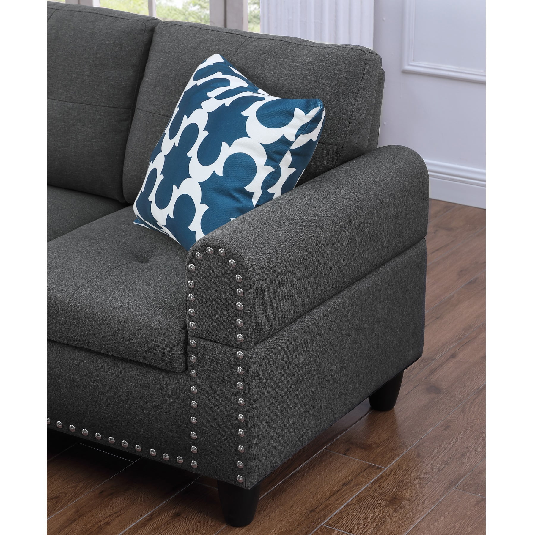 Hommoo L-Shaped Upholstered Sectional Sofa Couch with Storage & Cup Holders, Linen Living Room Sofa Set, With Ottoman, Dark Gray