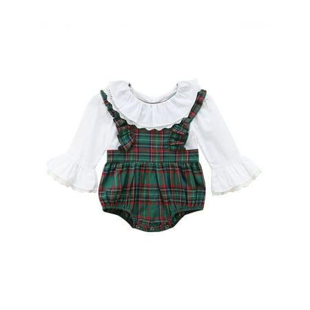

Suefunskry Baby Girl Ruffled Flared Long Sleeve Plaid Romper Lace Casual One-Piece Jumpsuit