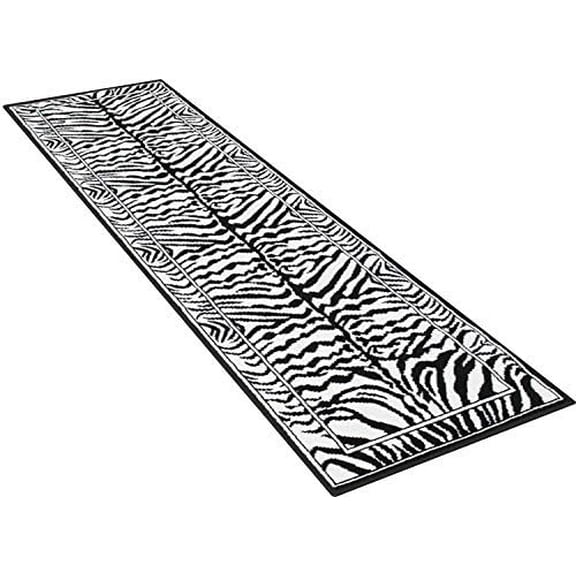 Modern Animal Print Skin White & Black Area Rug Zebra Bordered African Carpet (2’ X 7’ Runner)