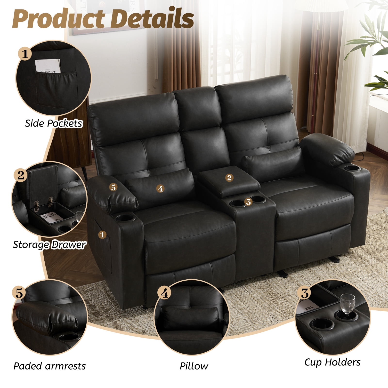 PYOIER Reclining Loveseat Sofa With Massage & Heating, Black