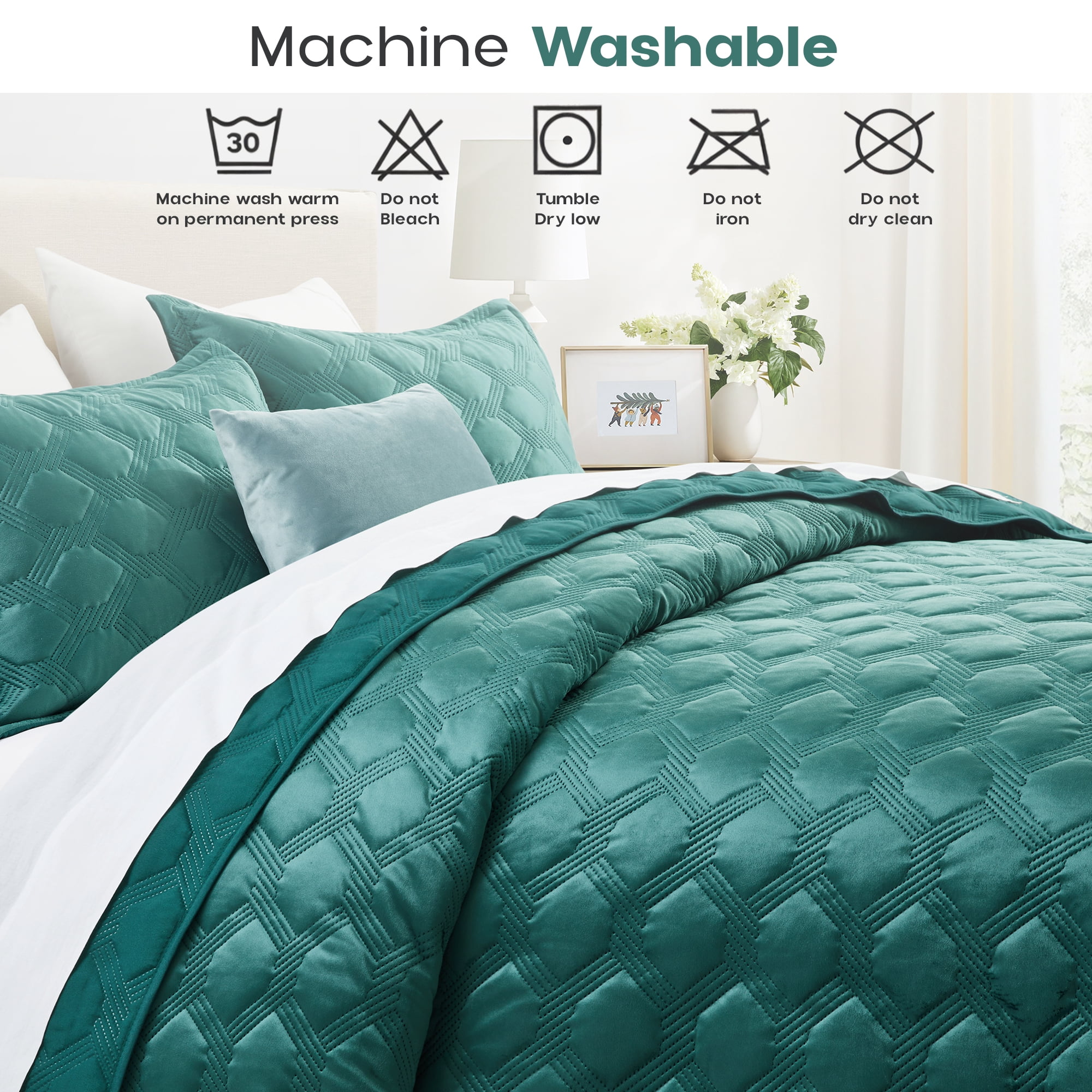 Ameha Velvet Quilt Set 3 Piece Geometric Ultrasonic Embossed Bedspread Reversible 350GSM Soft Microfiber Bedding Emerald Green Full/Queen