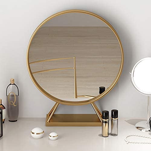 ZXNYH Gold Round Mirror with Base,Large Circle Mirrors for Dressing Table Decor,19.68in Big Metal Frame Standing Mirror,Modern Vanity Mirror for Living Room Bathroom Bedroom