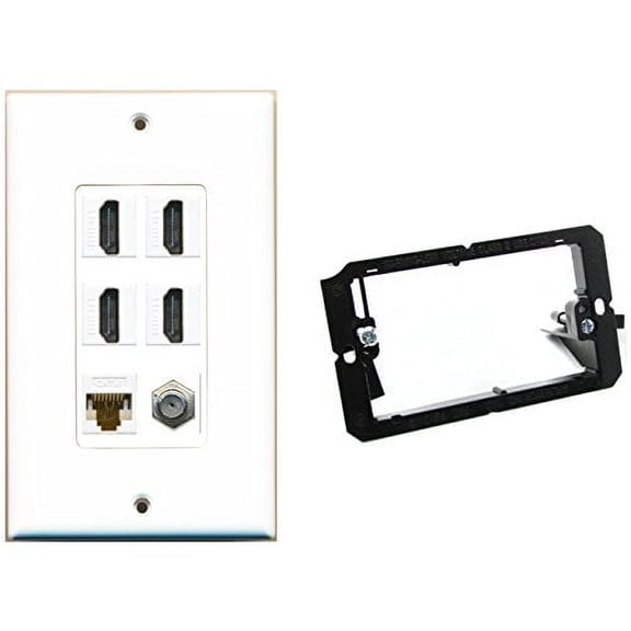 RiteAV Mounting Bracket and 1 Gang Decorative 4 HDMI Coax Cat6 Wall Plate White