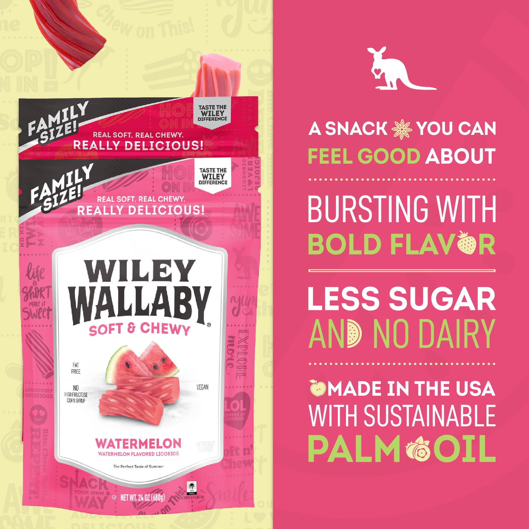 Wiley Wallaby 24oz Classic Red & Watermelon Classic Gourmet Australian Style Soft & Chewy Licorice Candy Variety Pack Twists, 2 Pack