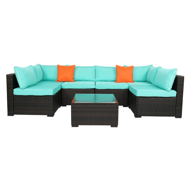 Clearance! Patio Outdoor Furniture Sets, 7 Pieces All-Weather Rattan Sectional Sofa with Tea Table, Cushions & Pillow, PE Rattan Wicker Sofa Couch Conversation Set for Garden Backyard Poolside, B441