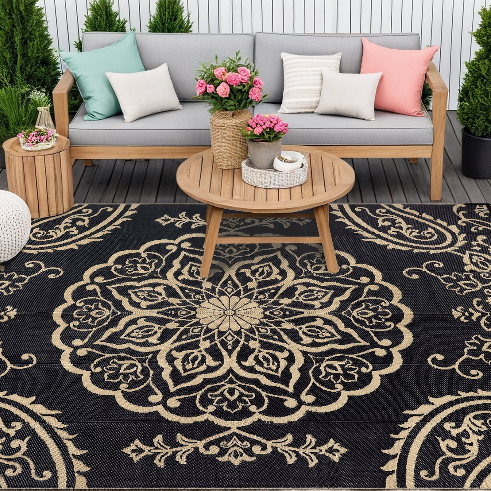 MeyJey Outdoor Rug 6'x9' Reversible Waterproof Area Rug Plastic Mat for RV Patio Camping Black