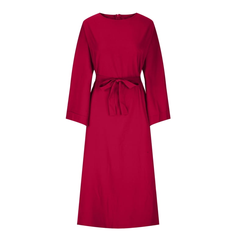 TMOYZQ Womens Muslim Solid Color Long Sleeve Round Neck Plain Maxi Long  Dress Islamic Kaftan Casual Full Length Dress Arabian Robe with Belt -  Walmart.com