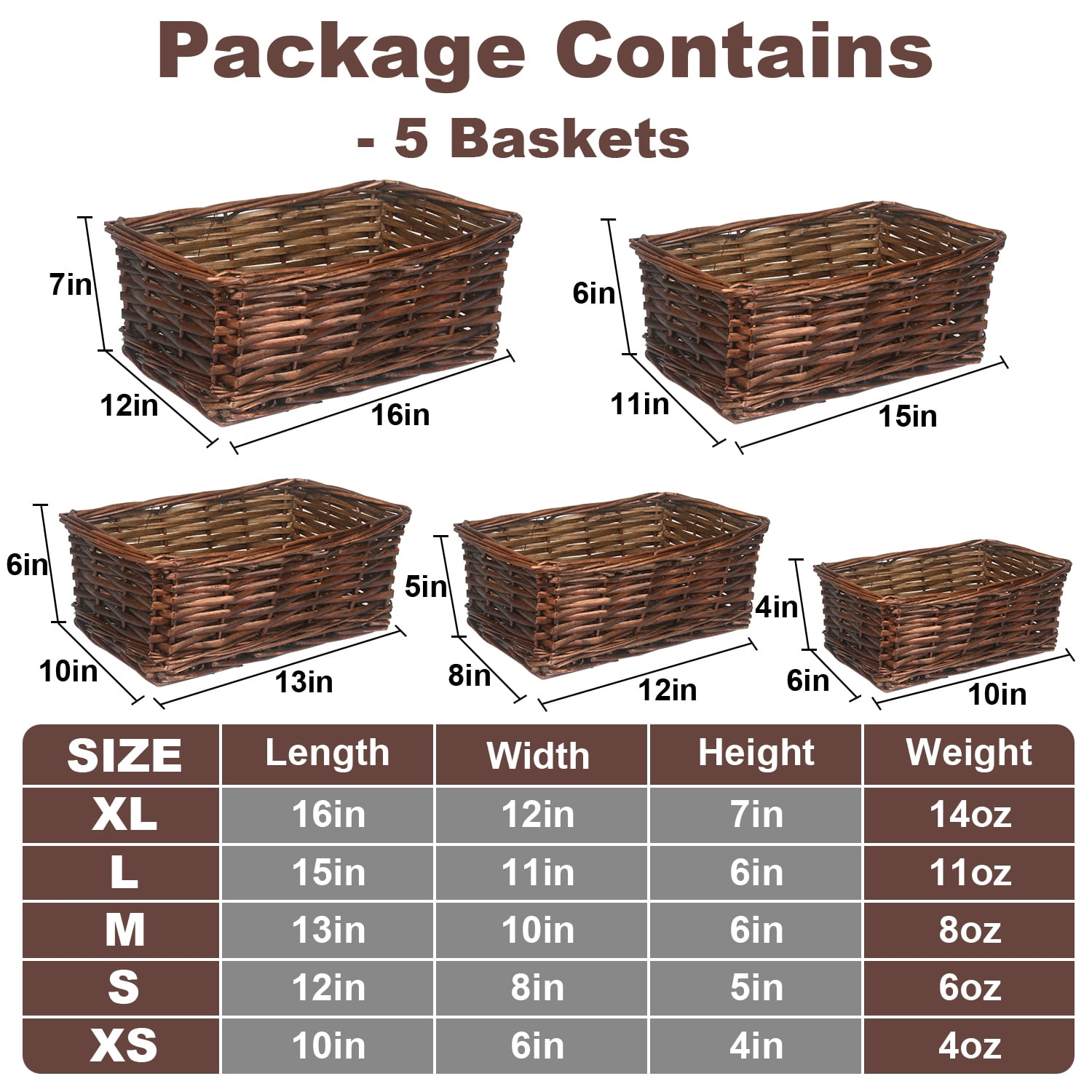 Set of 5 Size Handmade Wicker Storage Baskets, Water Hyacinth Woven Bins for Shelves Home Decorative (Brown)