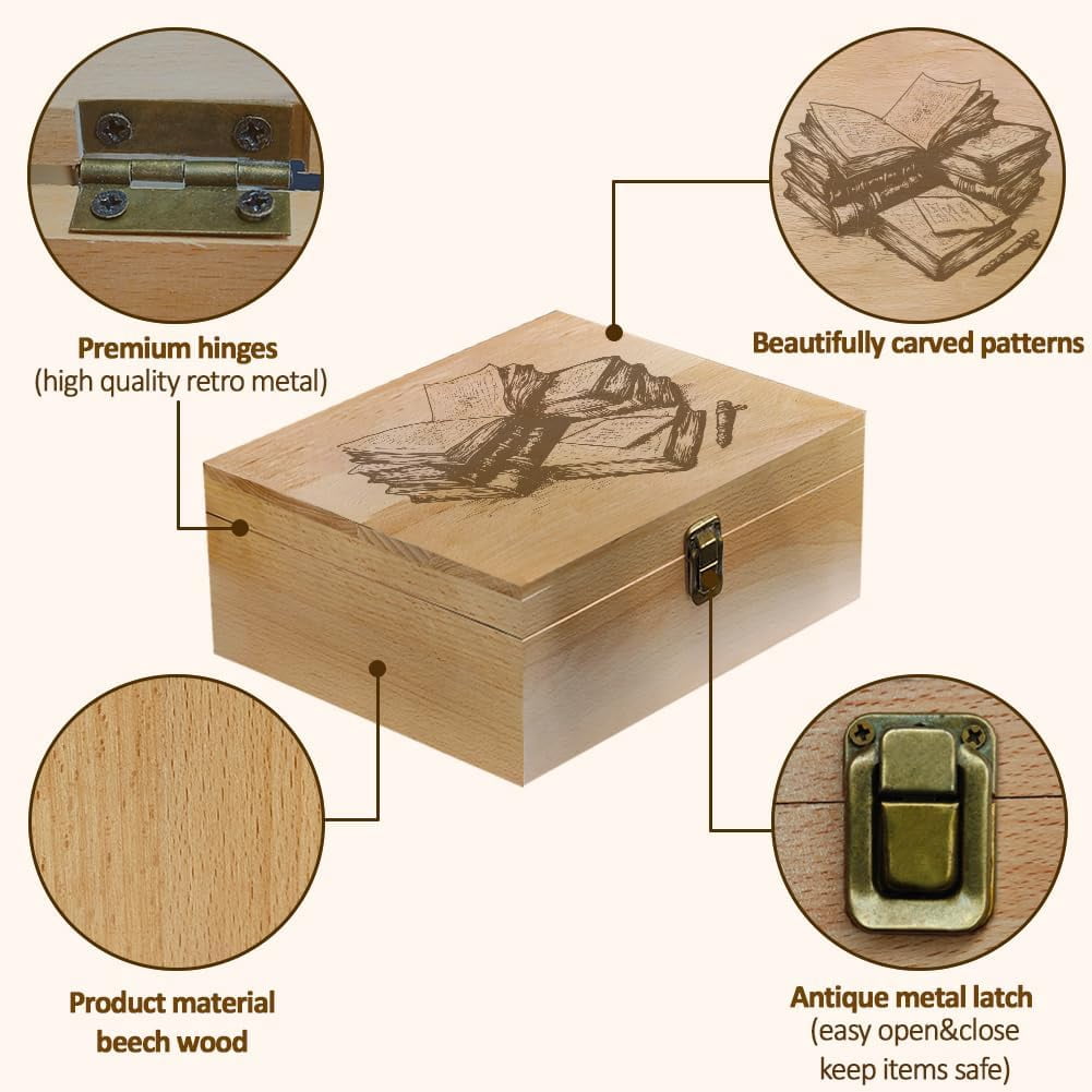 Book and Pen Theme Wooden Memory Keepsake Box Metal Knot Box with Hinged Lid and Lock Decorative Storage Box Stash Box for Photo Letter Souvenir Jewelry 7.6x9.6x4inch(19.5x24.5x10.3cm) BurlyWood