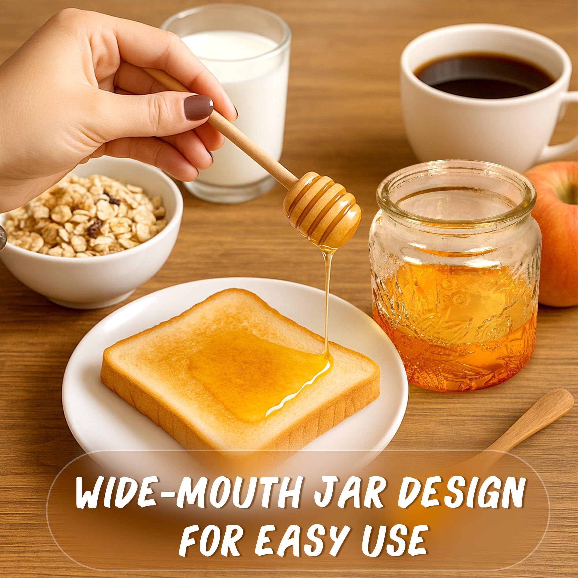 Honey Pot with Dipper and Lid - 18oz Glass Honey Jar with Wooden Honey Dippers Stick Set, Wide Mouth Honey Containers - Airtight Syrup Dispenser for Home Kitchen