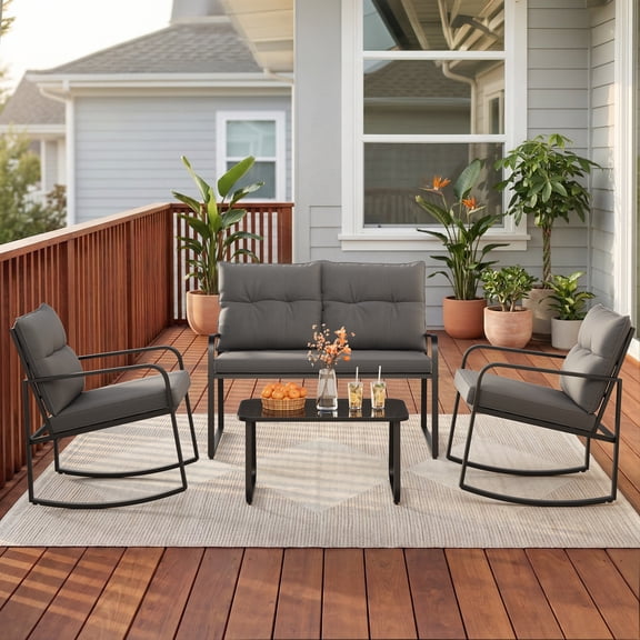 4 Piece Patio Conversation Set,Asofer Steel  Patio Furniture Set with Loveseat,Rocking Bistro Set for Backyard, Poolside, Porch, Grey