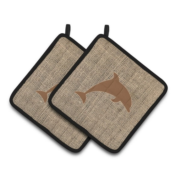 Carolines Treasures BB1025-BL-BN-PTHD Dolphin Faux Burlap and Brown Pair of Pot Holders , 7.5HX7.5W, multicolor