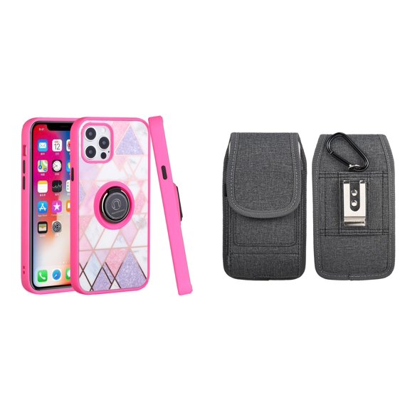 Bemz Ring Series Case for iPhone 14 Plus (TPU Silicone Cover with Magnetic Stand) and Vertical Nylon Fabric Belt Holster Pouch (Pink on Purple Marble/Grey)