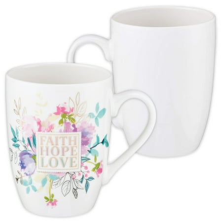 Christian Art Gifts Inspirational Scripture Ceramic Coffee & Tea Mug for Women: Faith, Hope, Love Encouraging Bible Verse, Cute White Novelty Beverage Cup, Multicolor Watercolor Floral & Gold 12 oz.