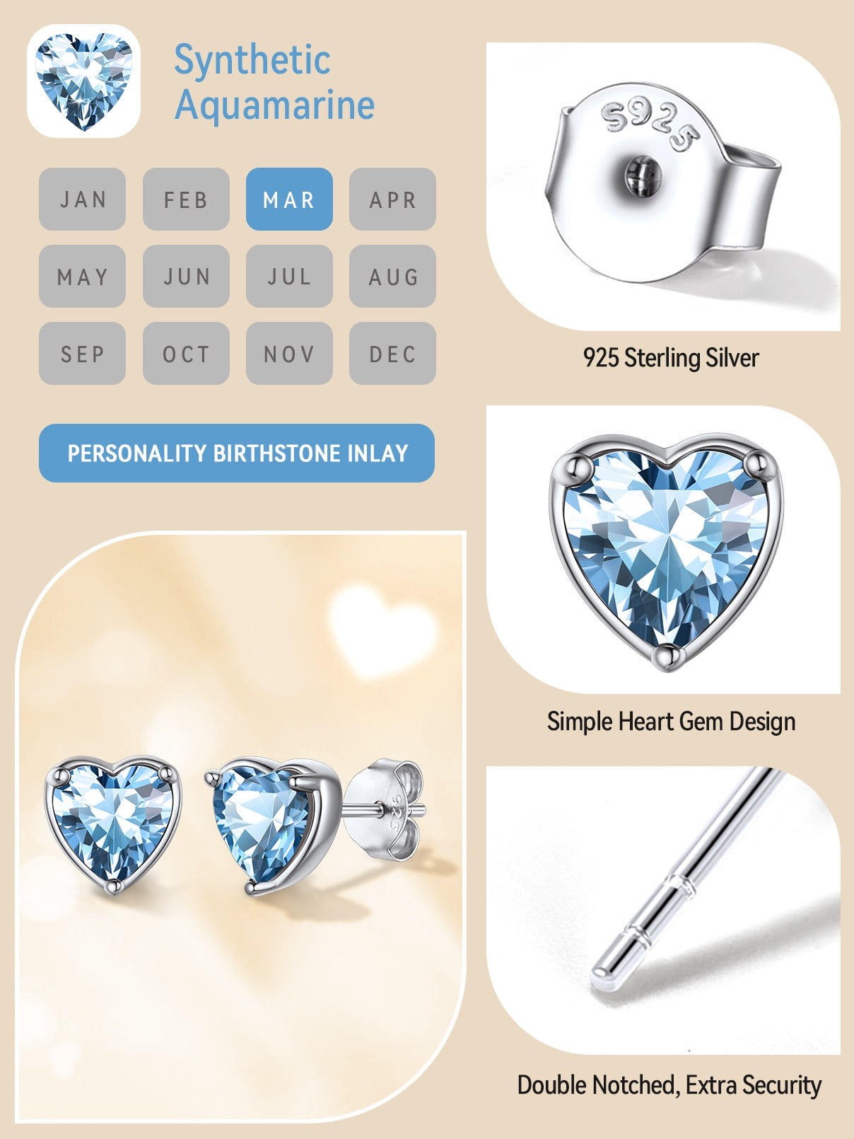 FaithHeart March Birthstone Heart Stud Earrings for Women 925 Sterling Silver Small Ear Charms Daughter Birthday Christmas Hypoallergenic Jewelry Gift