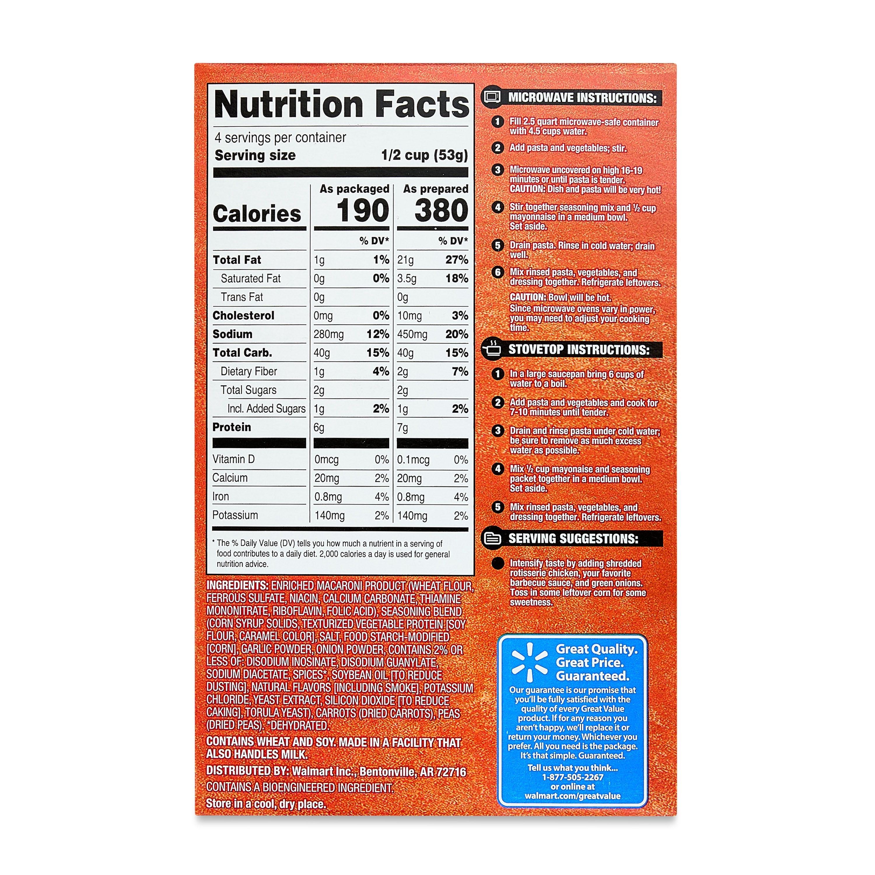 Great Value Ranch & Bacon Dry Pasta Salad, 7.5 oz (Shelf-Stable, Packaged Meal)