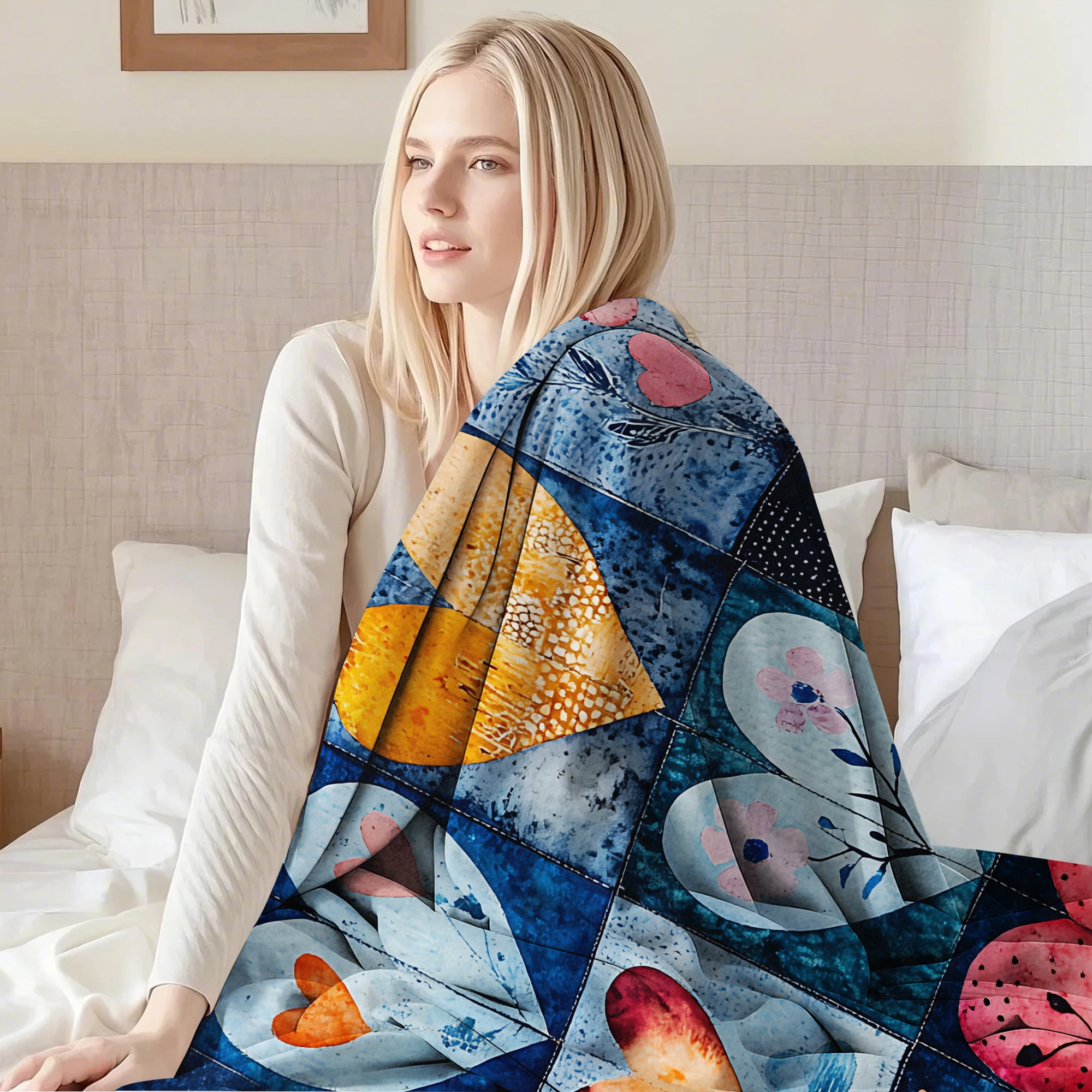 Sherpa Fleece Throw Blanket 50"x60" Reversible Plush Fluffy Blanket, Double-Layer Super Soft Flannel Blanket for Sofa, Couch, Bed, Patchwork Floral & Heart Pattern