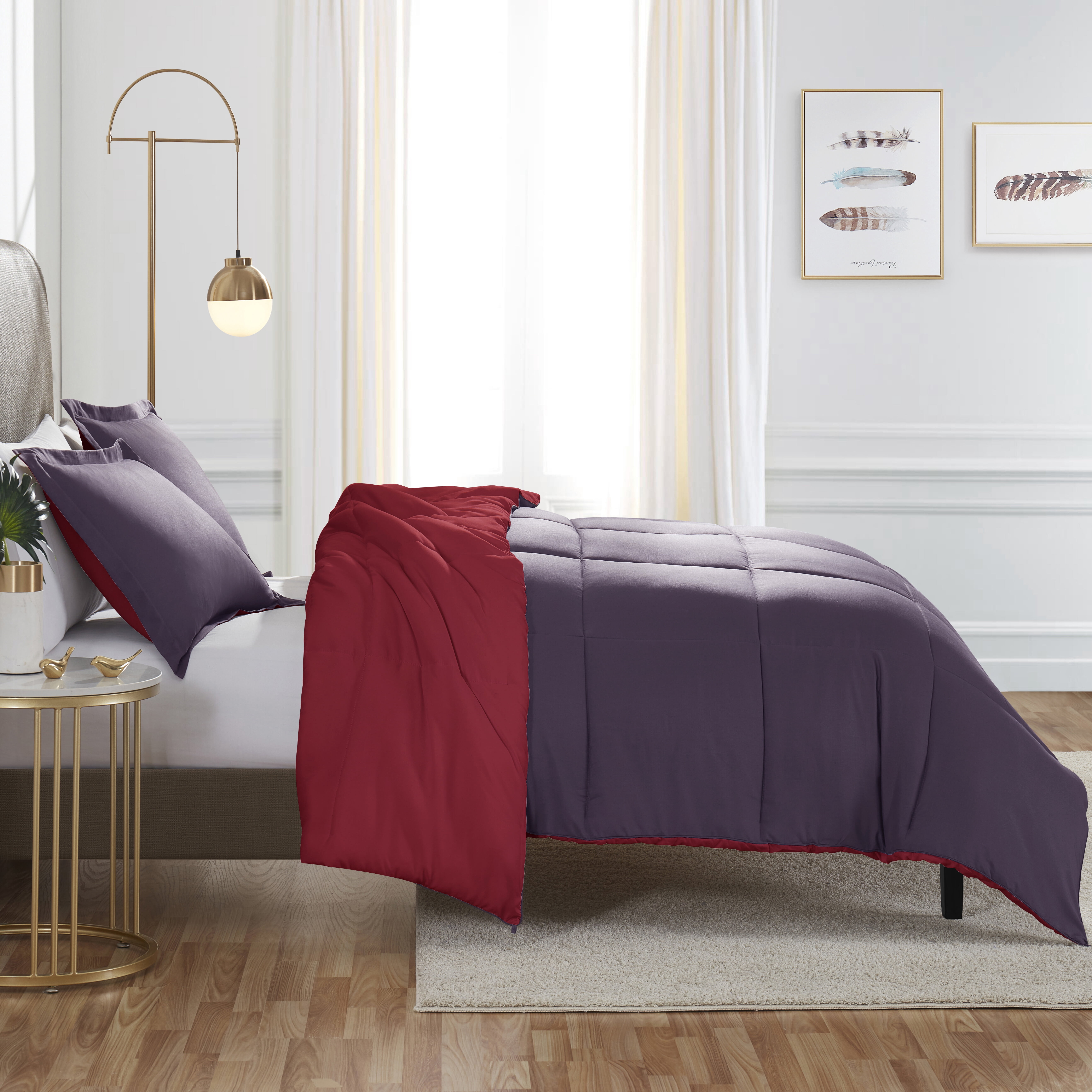 Nestl 3-Piece Soft Down Alternative Reversible King Comforter Set, King/Cal King, Red & Eggplant