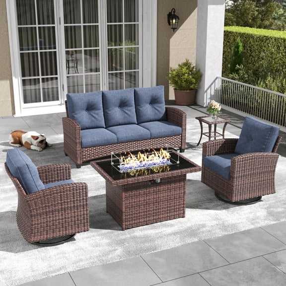 Layinsun 5 Pieces Patio Furniture Set with Swivel Chairs, Rattan Wicker Rocking Glide Chairs with 44" Propane Gas Fire Pit Table Conversation Set