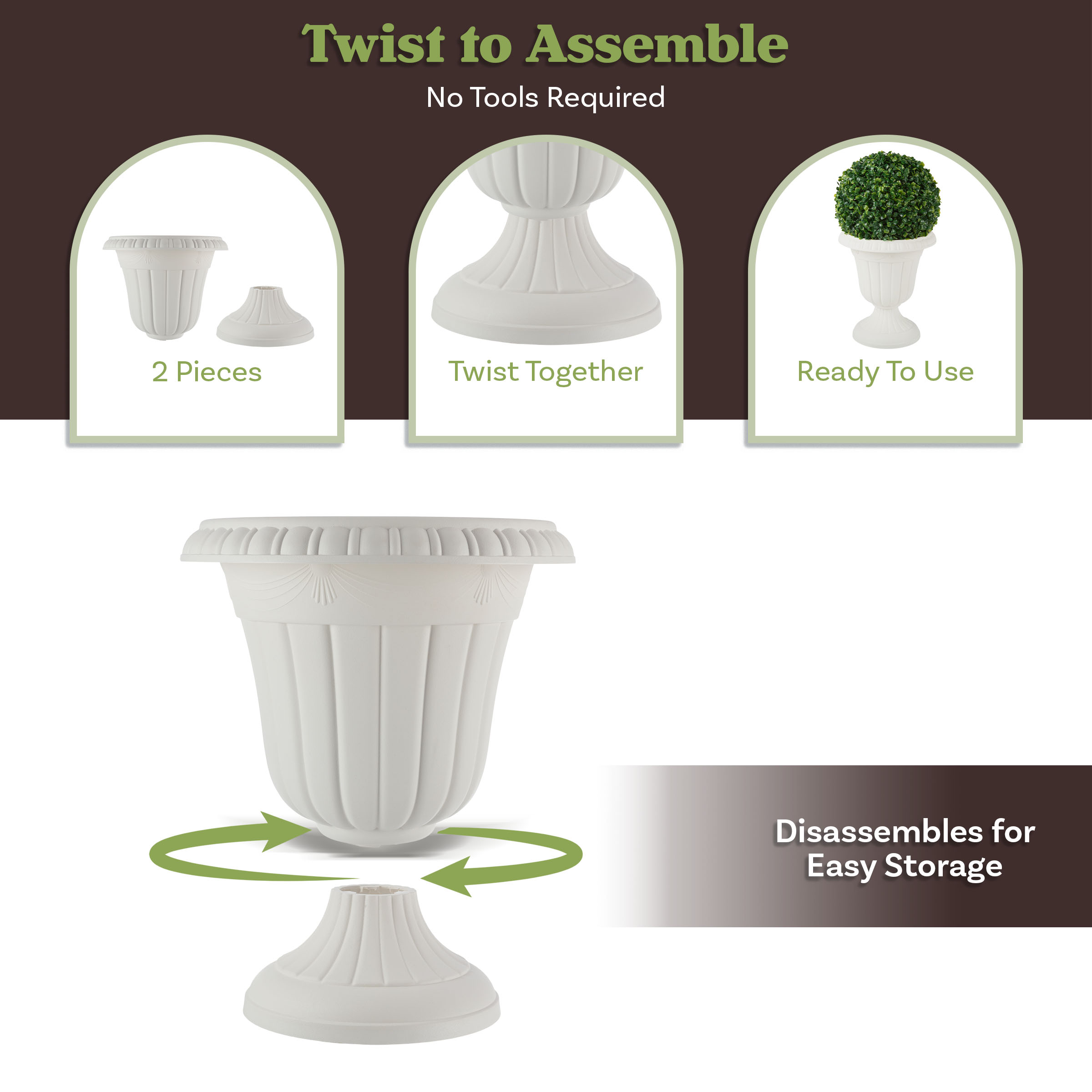 Pure Garden Large and Small Outdoor Urn Planter 2-Pack, White