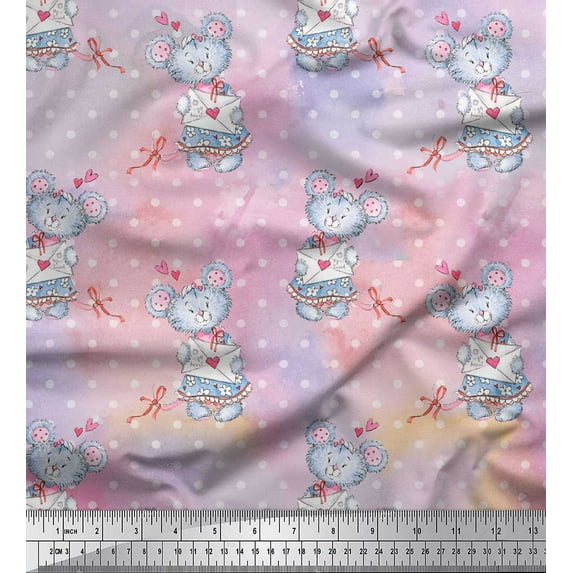 Soimoi Pink polyester Crepe Fabric Teddy Bear & Dot Kids Print Fabric by the Yard 52 Inch Wide