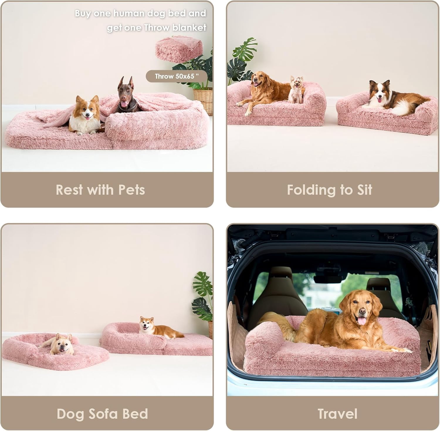 Foldable XXL Dog Bed, Faux Fur Fluffy Dog Bed for Extra Large Dogs, Orthopedic Calming Memory Foam Big Dog Couch Bed, Washable Soft Warm Dog Sofa Bed with Non-Slip Bottom, Pink, 54"x38"x7.5"
