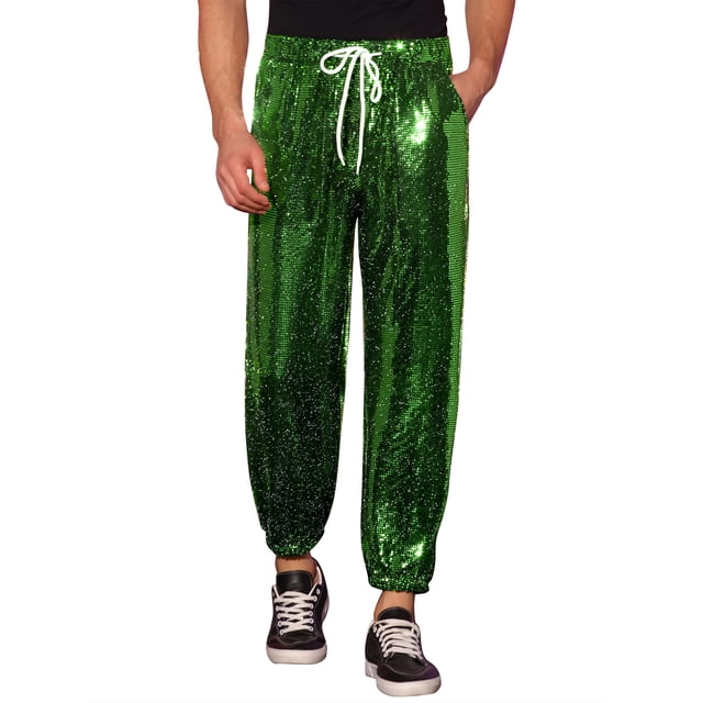 Pantalones de drawstring con lentejuelas INSPIRE CHIC para hombres, con cintura elástica, ropa de noche, jogger brillante 28 Verde