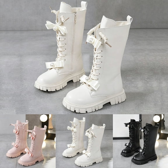 BXJX Girls Mid-Calf Boots, Side Zipper Non-Slip Soft Sole Lace-up Winter Riding Boots Beige Size 12 Little Kids