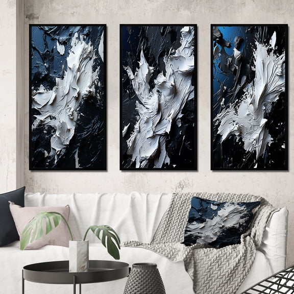 Designart "River of Euphoria Abstract Expressionism II" Abstract Painting Framed Wall Art Set Of 3 - Blue Modern Frame Canvas Set For Living Room Decor