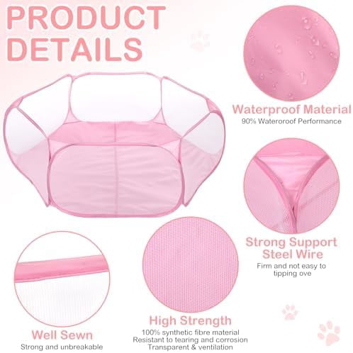 Hamster Playpen with Mat Small Animal Cage Tent Breathable Transparent Guinea Pig Playpen Waterproof Portable Yard Fence Mat Foldable Exercise Playpen Outdoor Indoor (Pink,Star)