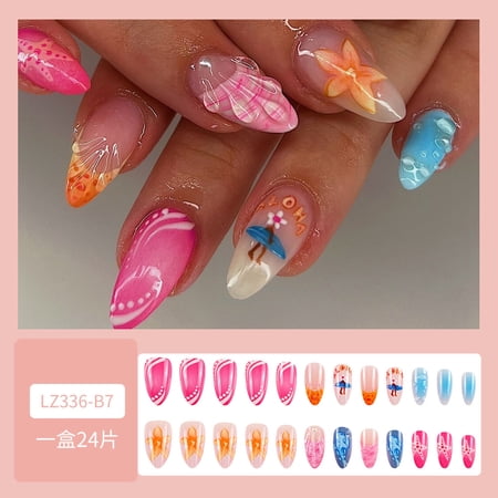 Foreign trade 3D relief dopamine wearing armor, ocean flower vacation wind fake nails 24 pieces nail art wholesale