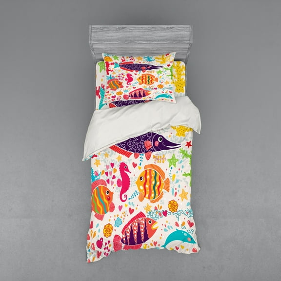 Sea Animals Duvet Cover Set, Cartoon Art Fish Seahorse Starfish Dolphin Coral Underwater Life Kids, Bedding Set with Shams and Fitted Sheet, 3 Sizes, by Ambesonne