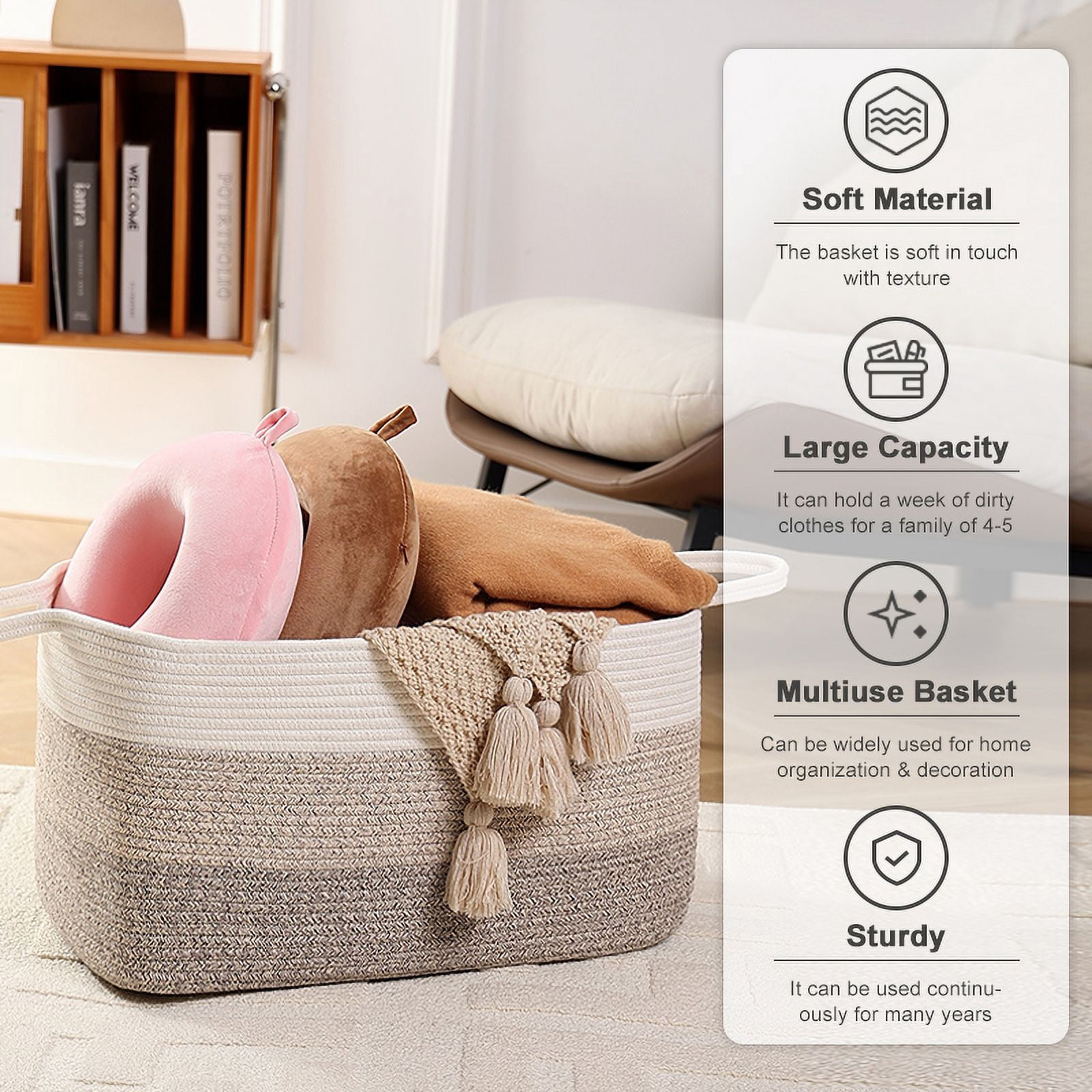 VeluraHome 70L Large Blanket Basket,Rectangle Storage Baskets for Storage,Cotton Rope Woven Storage Basket for Living Room, Nursery, Baby Room